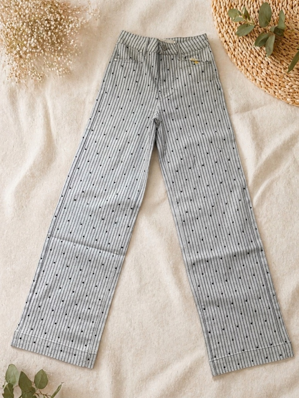 Wide-Leg Flare Jeans in Light Gray Dot-Stripe